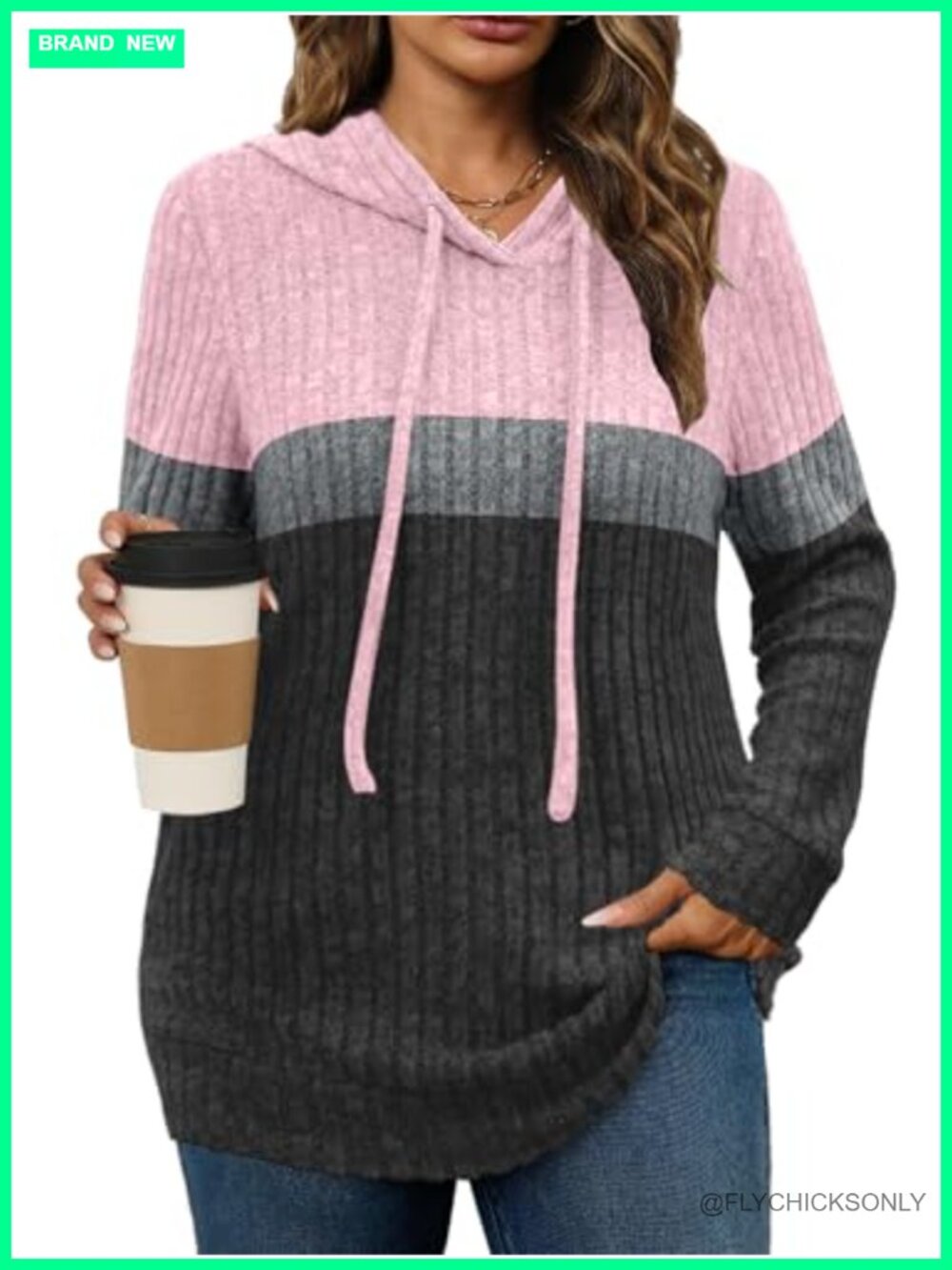 Plus Size Lightweight Ribbed Knit Hoodie Sweater Long Sleeve Tunic Top